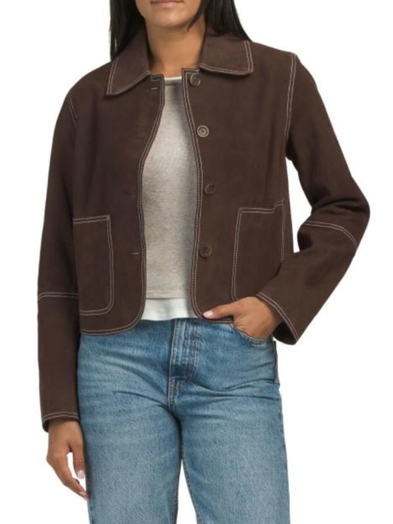 Elie Tahari Suede Light Saddle Jacket With Contrast Stitch